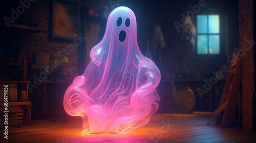 neon glowing ghost, 3d, copy space, 16:9 © Christian