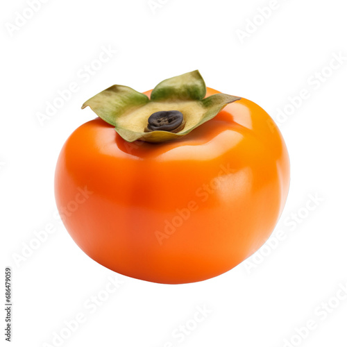 fresh organic fuyu persimmon cut in half sliced with leaves isolated on white background with clipping path photo