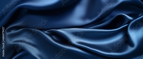 Navy blue silk satin. Silky shiny fabric. Dark luxury background with space for design. Banner. Wide. Long. Panoramic. Template. Empty. Flat lay, top view table. Beautiful.Elegant.Birthday,Christmas