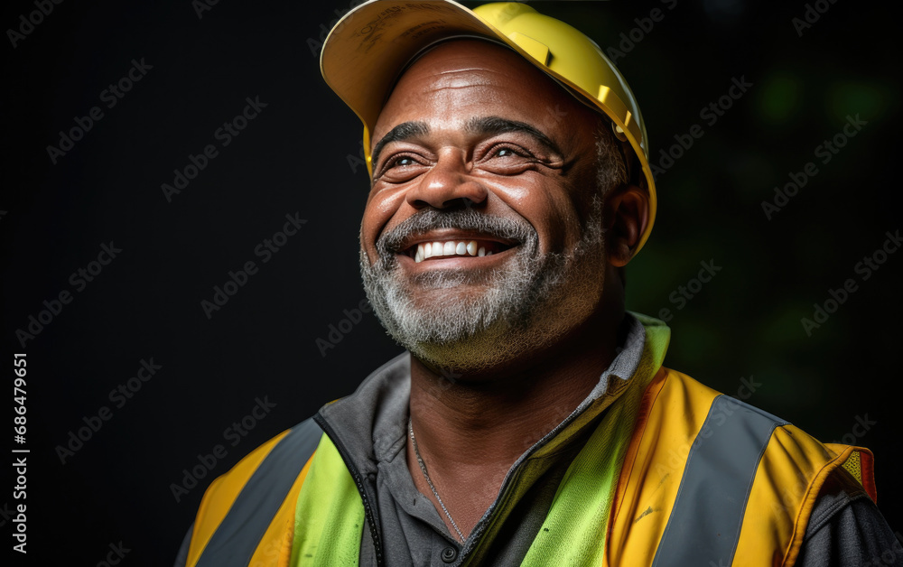 Fototapeta premium old happy smiling Construction Worker on black background