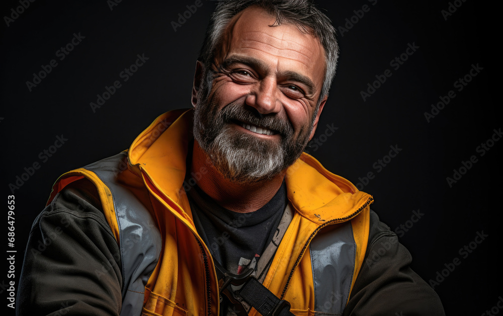old happy smiling Construction Worker on black background