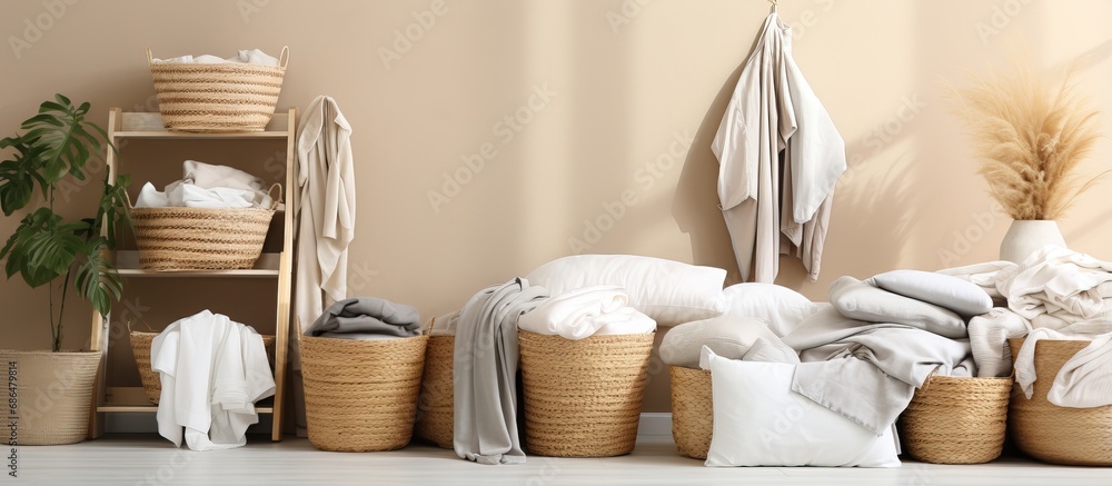 Laundry baskets arranged vertically in the room - obrazy, fototapety, plakaty 