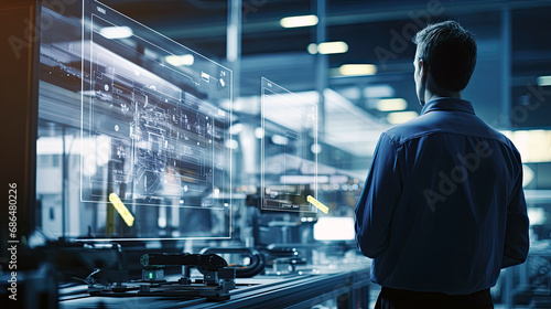 a man standing in front of a futuristic hologram computer screen