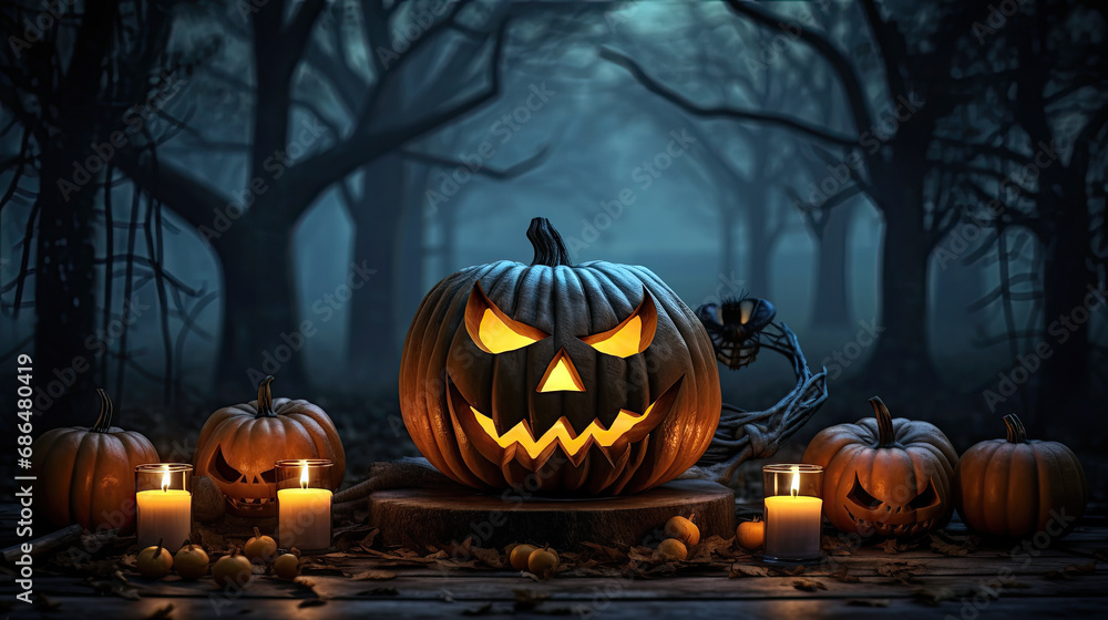 Fototapeta premium a carved Halloween pumpkin surrounded by candles in a dark forest