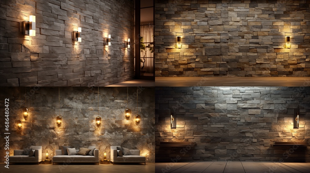 Explore the contemporary of elegance of an empty room adorned with stone wall lamps in this 3D. The interplay of light on the textured wall adds a touch of modern sophistication to the interior.