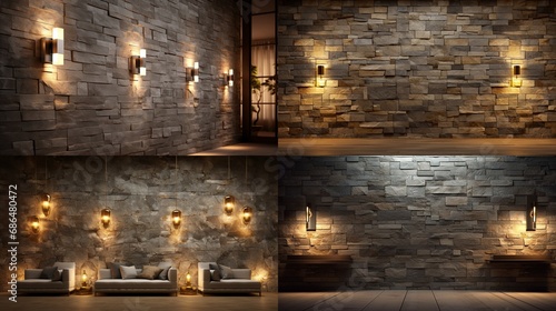 Explore the contemporary of elegance of an empty room adorned with stone wall lamps in this 3D. The interplay of light on the textured wall adds a touch of modern sophistication to the interior.