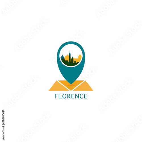 Florence city map pin point geolocation modern skyline vector logo icon isolated illustration. Italy, Tuscany pointer emblem with landmarks and building silhouettes