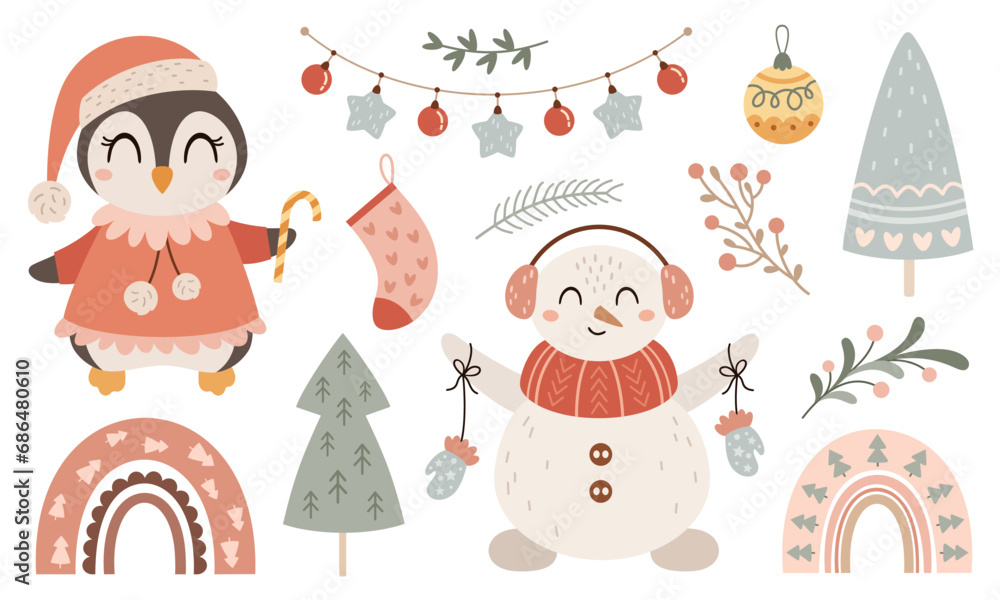 Fototapeta premium Pink Christmas clipart with cute Snowman, penguin, Christmas tree, rainbows in cartoon flat style. Merry Christmas vector illustration