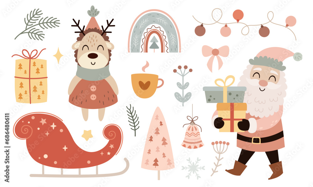 Naklejka premium Pink Christmas clipart with cute Santa Claus, deer, Christmas tree, rainbow in cartoon flat style. Merry Christmas vector illustration