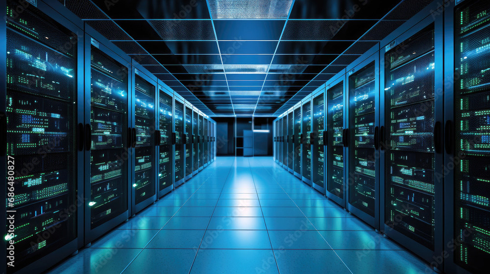 rows of servers in a data center with blue lights
