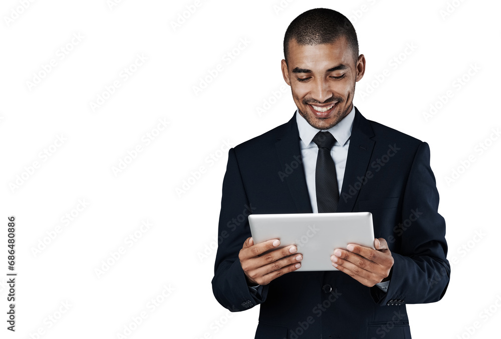 Isolated business man, tablet and reading for smile, thinking and app by transparent png background. Corporate lawyer, digital touchscreen and happy for analysis, ideas and results in investigation Isolated business man, tablet and reading for smile, thinking and app by transparent png background. Corporate lawyer, digital touchscreen and happy for analysis, ideas and results in investigation