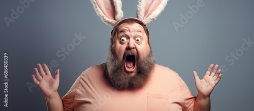 Fat man with beard wearing bunny ears looks disgusted. photo