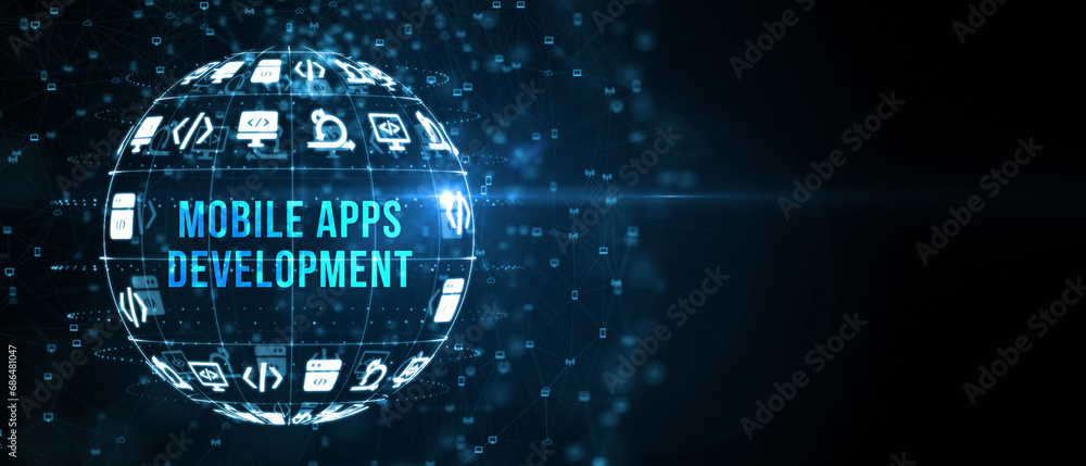 Inscription MOBILE APPS DEVELOPMENT on the virtual display. Cloud technology concept. 3d illustration Inscription MOBILE APPS DEVELOPMENT on the virtual display. Cloud technology concept. 3d illustration