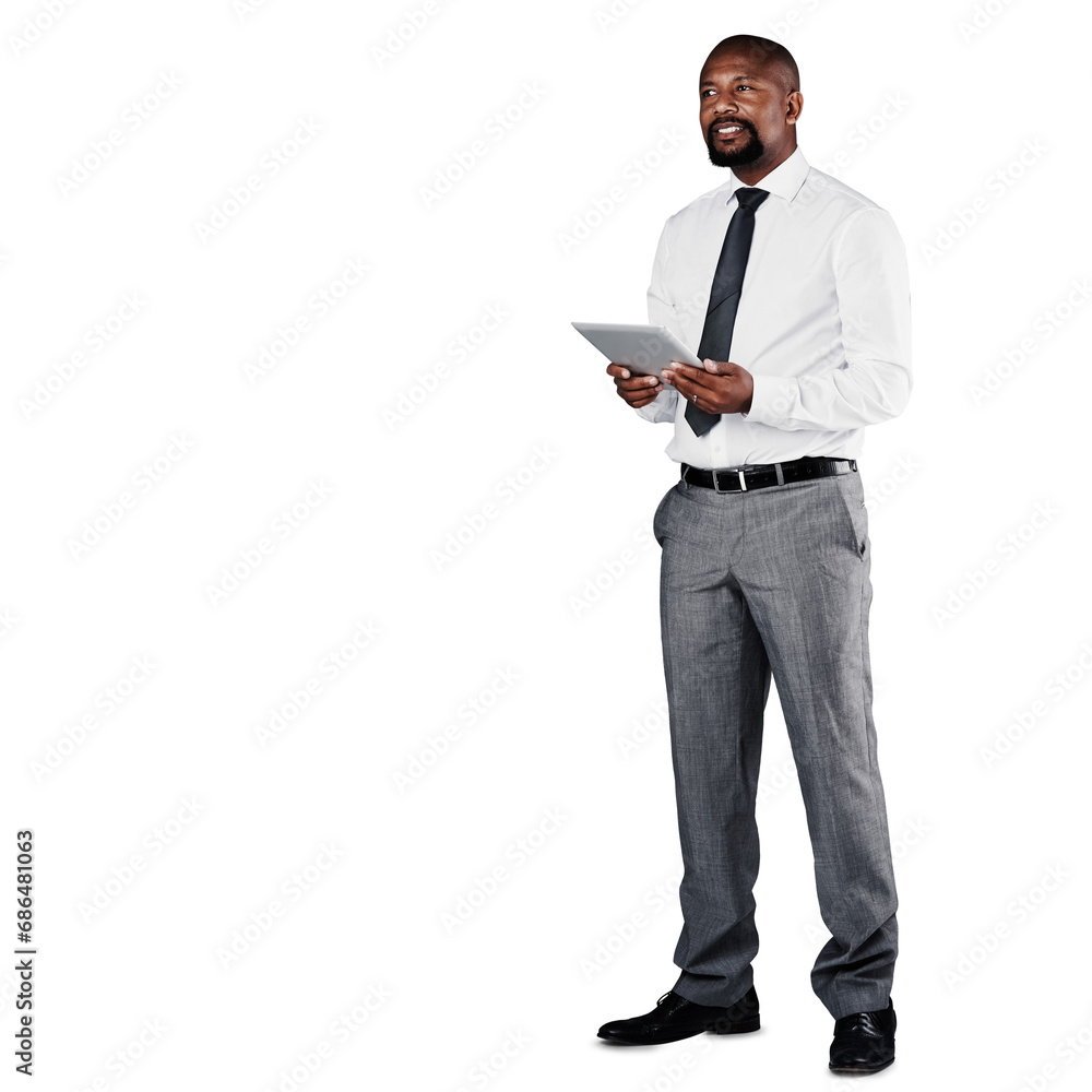 Business man, tablet and thinking, ideas and research for stock market investment or finance software. Corporate african worker or trader and digital technology isolated on transparent PNG background Business man, tablet and thinking, ideas and research for stock market investment or finance software. Corporate african worker or trader and digital technology isolated on transparent PNG background