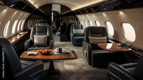 minimalism black interior of a private jet, luxury life concept photo