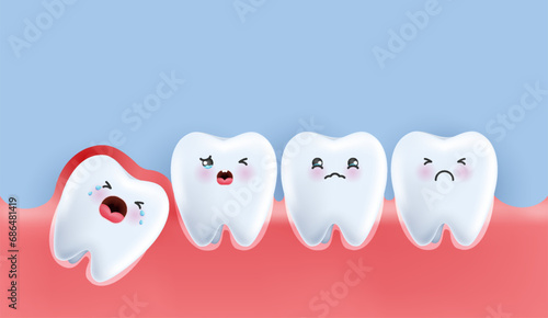 Wisdom teeth under the gums cause pain in the mouth. Impacted wisdom tooth character pushing adjacent teeth causing inflammation, toothache, gum pain. vector design.