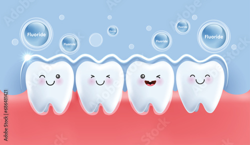 Fluoride shield prevents teeth decay and helps strengthen gums. teeth character for kids. cute dentist mascot for medical apps, websites and hospital. vector design. photo
