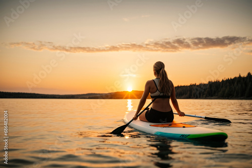 Rear view of a woman on a SUP board sitting with a paddle in the middle of a calm lake against the backdrop of sunset. Outdoor recreation, relaxation background