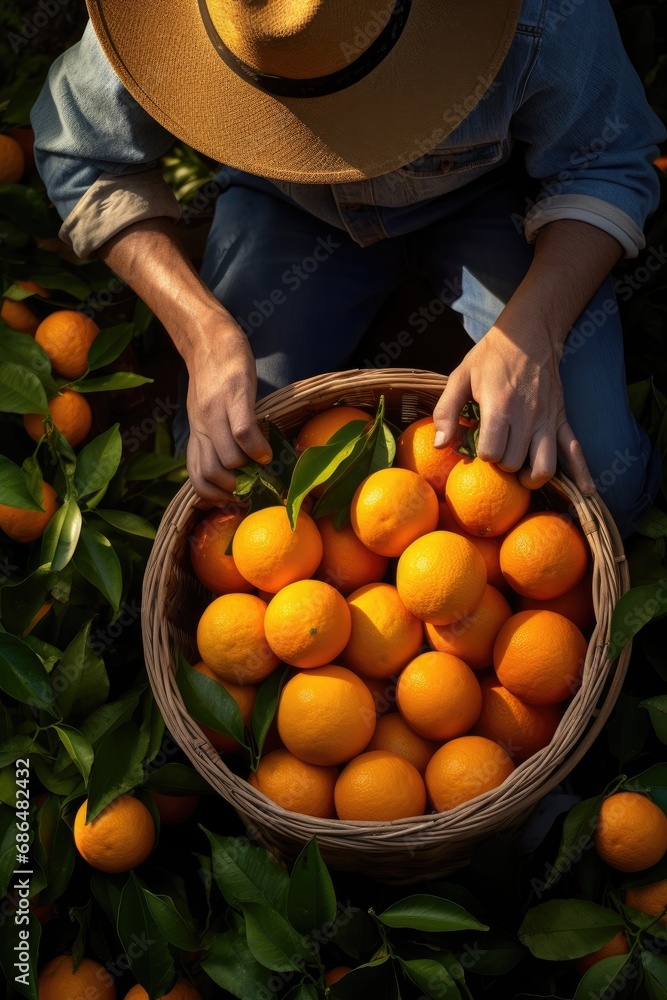 A gardener is picking oranges. On the ground are a couple of baskets with some oranges in them