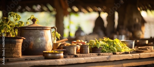 Types of utensils for cooking in traditional Asian households in the past particularly in Thai kitchens with a focus on antique bamboo cottage interiors photo