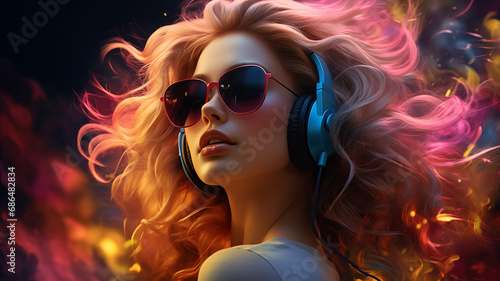 schöne Frau mit Sonnenbrille und Kopfhörer beim Musik hören in cooler sexy Pose. Gehalten in warmen Farben und rosa pink violet bei dramatischem Licht + Lichteffekt. Querformat. Generative Ai.