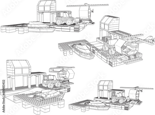 Vector sketch illustration of disassembled children's toy design