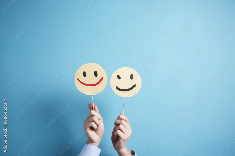Handheld Smiley Faces on Sticks Against Light Blue Background Handheld Smiley Faces on Sticks Against Light Blue Background