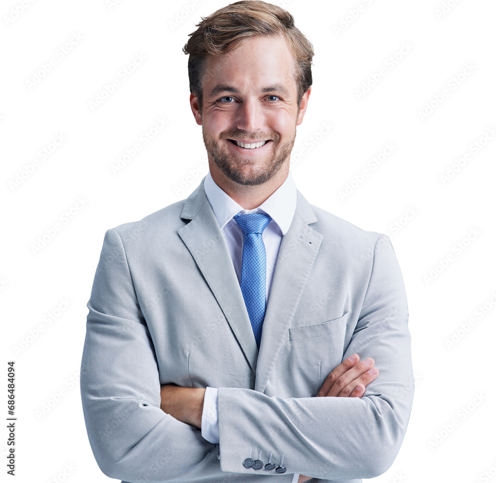 Happy, crossed arms and portrait of young businessman in suit with pride, good and positive attitude. Smile, professional and male person with confident fashion isolated by transparent png background Happy, crossed arms and portrait of young businessman in suit with pride, good and positive attitude. Smile, professional and male person with confident fashion isolated by transparent png background