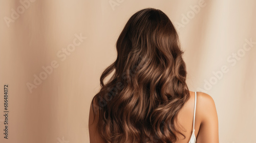 Back of beautiful brunette woman with long brown hair