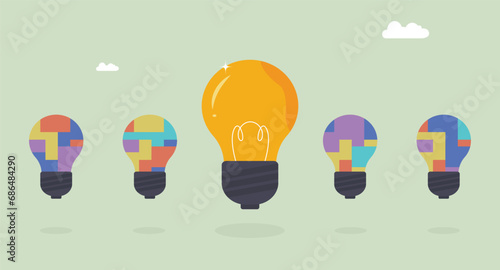 Unique bright idea with puzzle and confused ideas, creative light bulb concept