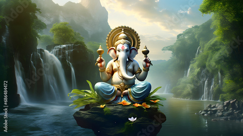 Lord ganesha with background of waterfall