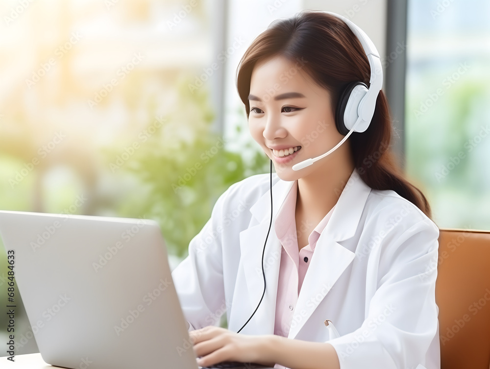 Asian woman doctor talking to online patient on computer screen giving consultation for treatment Asian woman doctor talking to online patient on computer screen giving consultation for treatment
