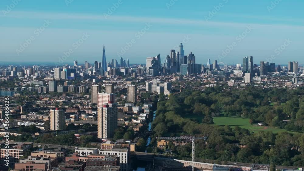 Rising aerial shot of central London skyscrapers from hackney wick Rising aerial shot of central London skyscrapers from hackney wick