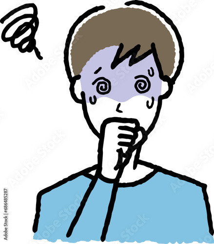 風邪をひいている男性。めまいの症状。
