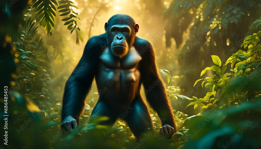 schwarzer starker Menschenaffe Primat Affe Schimpanse männlich stehend allein im Dschungel, mit gefährlichem Blick, Gesicht Portrait eines wild lebenden Tieres aus Afrika mit Fell und Muskeln