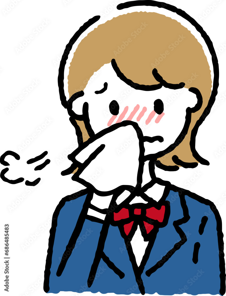 Obraz premium 風邪をひいている女子学生。鼻水の症状。