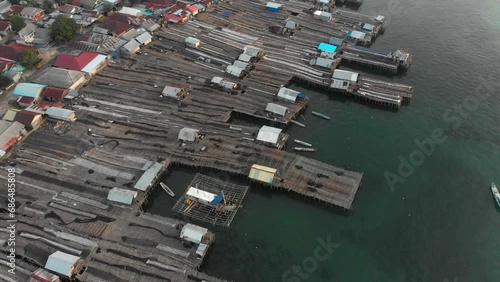 Drone view of Tanjung binga fishing village at Belitung island Indonesia, aerial photo