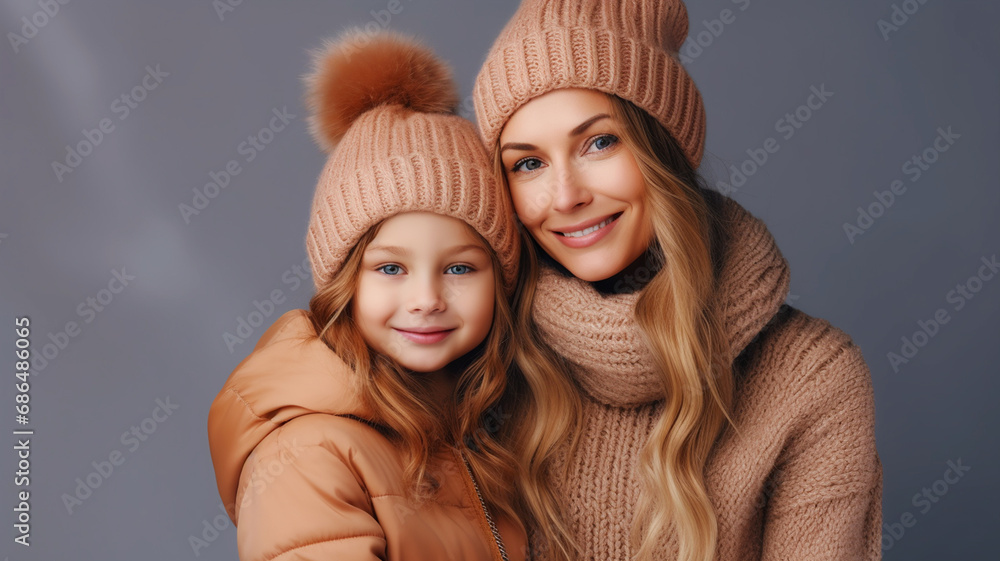 Fototapeta premium Mother and daughter wearing warm winter clothes
