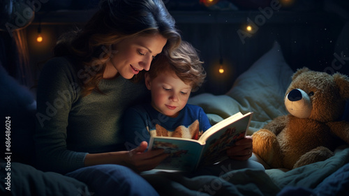 A mother reading a bedtime story book to her child at night photo