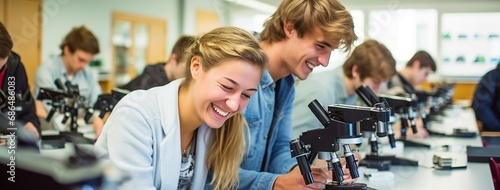 High school students using microscopes in the science class