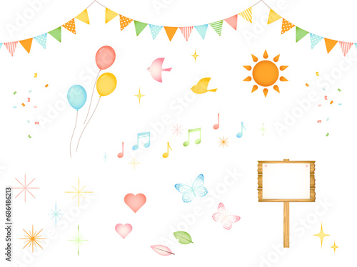 水彩風のカラフルで可愛いウキウキパーティーイラストセット