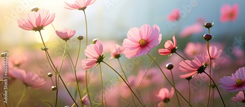 Cosmos flowers in gentle morning light and breeze. © AkuAku