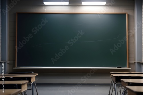 Empty classroom with a clean chalkboard photo