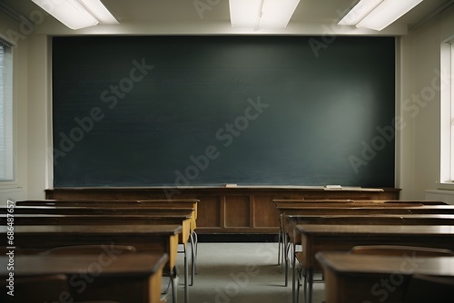 Empty classroom with a clean chalkboard