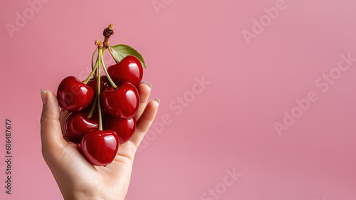 Hand holding cherry fruit isolated on pastel background © pariketan