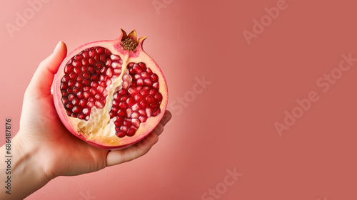 Hand holding sliced pomegranate fruit isolated on pastel background photo