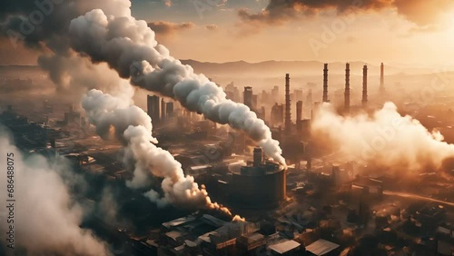 Environmental damage background. Aerial view of industrial area with steaming pipes and exhaustion. Air pollution. Seamless loop. Digitally generated AI video photo