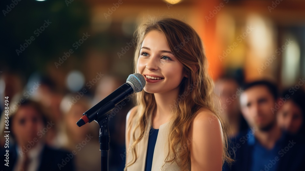 woman engaged in a heartfelt, first-time public speaking event, a candid coming of age moment filled with genuine emotion, graduation, event woman engaged in a heartfelt, first-time public speaking event, a candid coming of age moment filled with genuine emotion, graduation, event