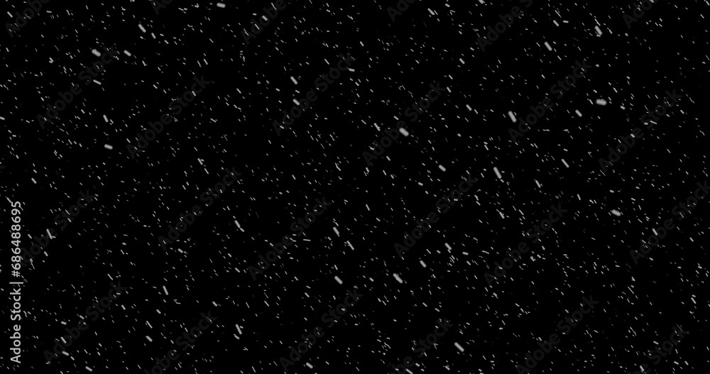 Cinematic snowfall loop animation of a surreal realistic snowflake falling bg. Snowfall winter overlay slowly falls on a black backdrop. Snowflake for Christmas new year 2024,2025. - obrazy, fototapety, plakaty 