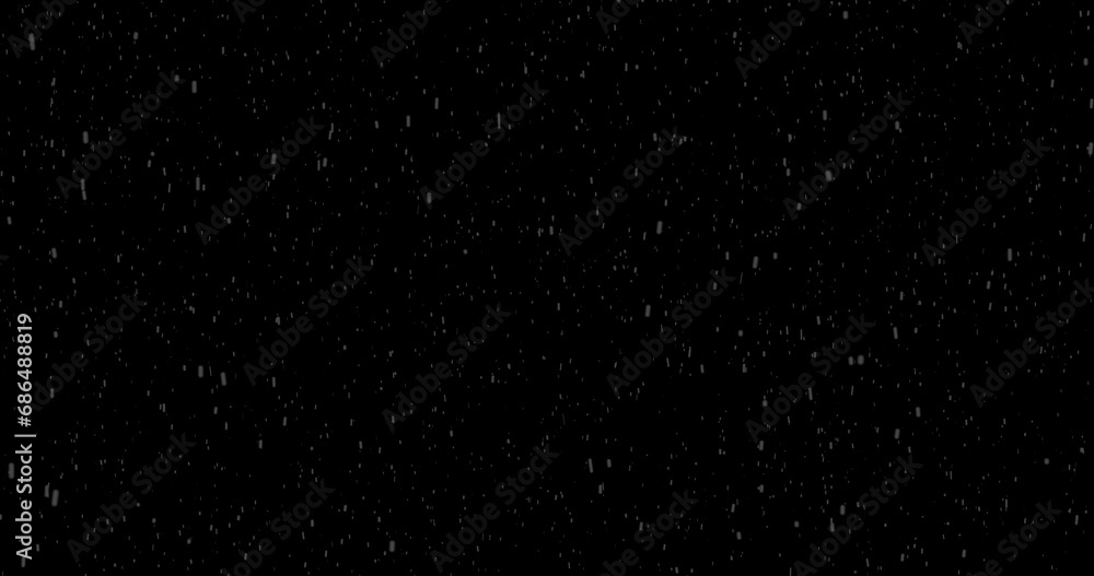 Cinematic snowfall loop animation of a surreal realistic snowflake falling bg. Snowfall winter overlay slowly falls on a black backdrop. Snowflake for Christmas new year 2024,2025.